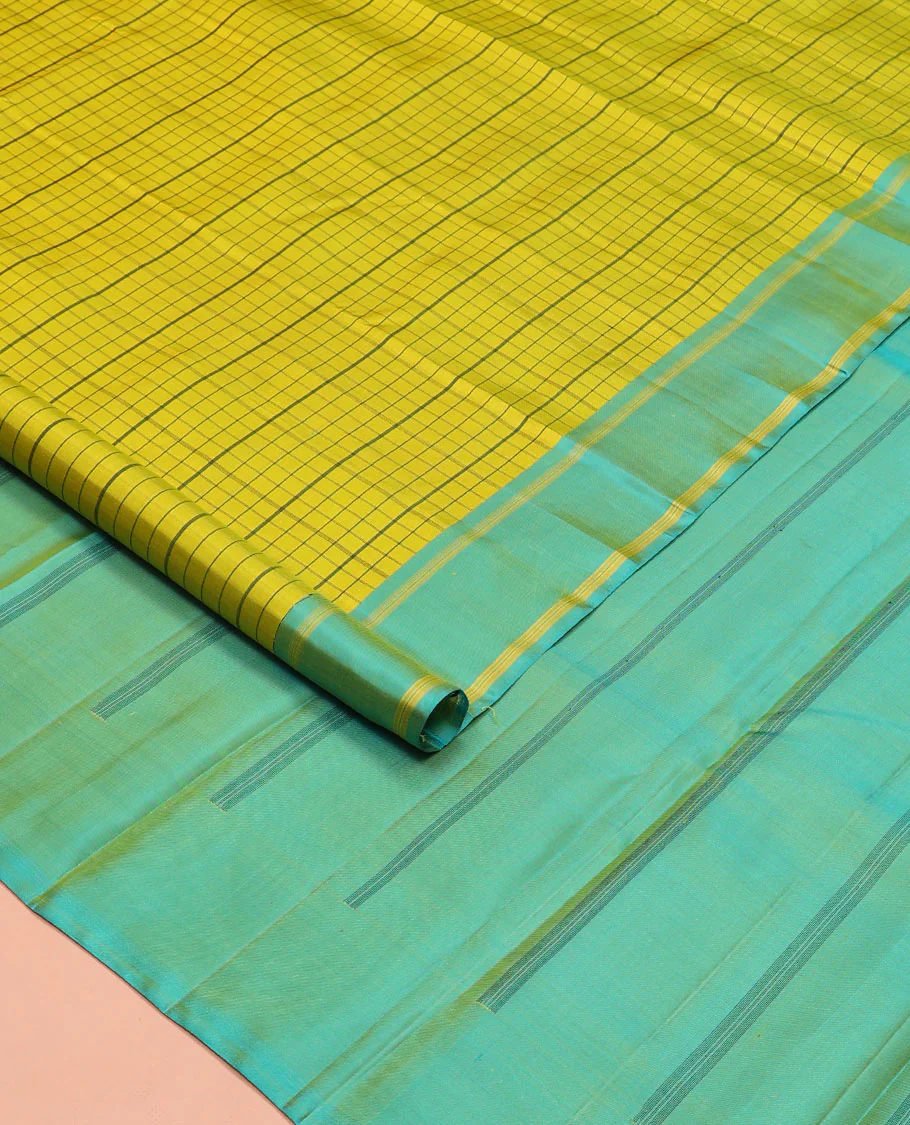 Green checked Kanchipuram silk saree, contrast striped border, and pallu of stripes - Image 2