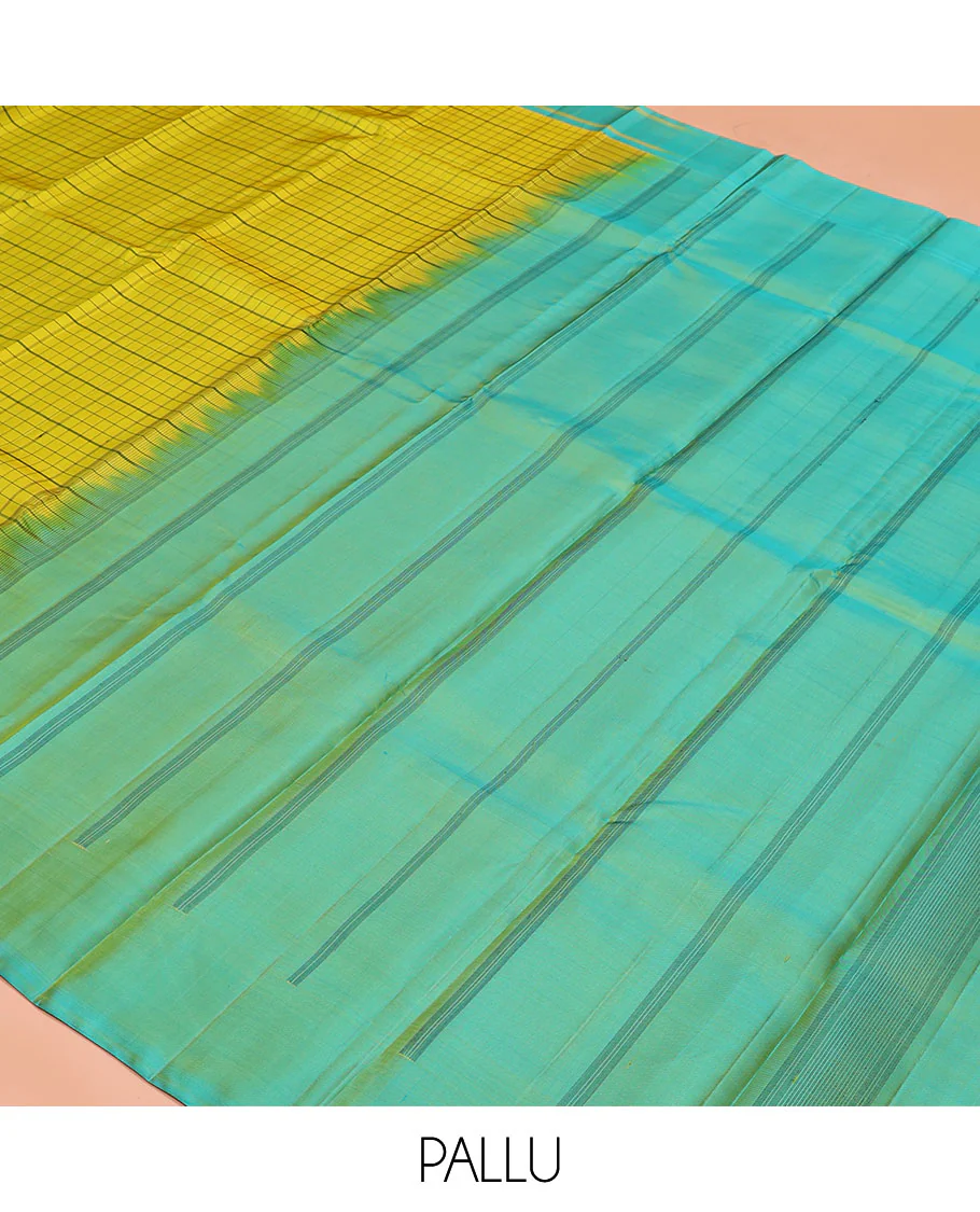 Green checked Kanchipuram silk saree, contrast striped border, and pallu of stripes - Image 5