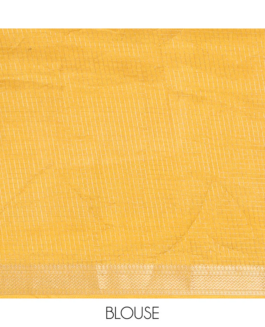Green checked moss chiffon saree with contrast traditional zari design border, checked pallu, and a contrast zari design blouse - Image 3