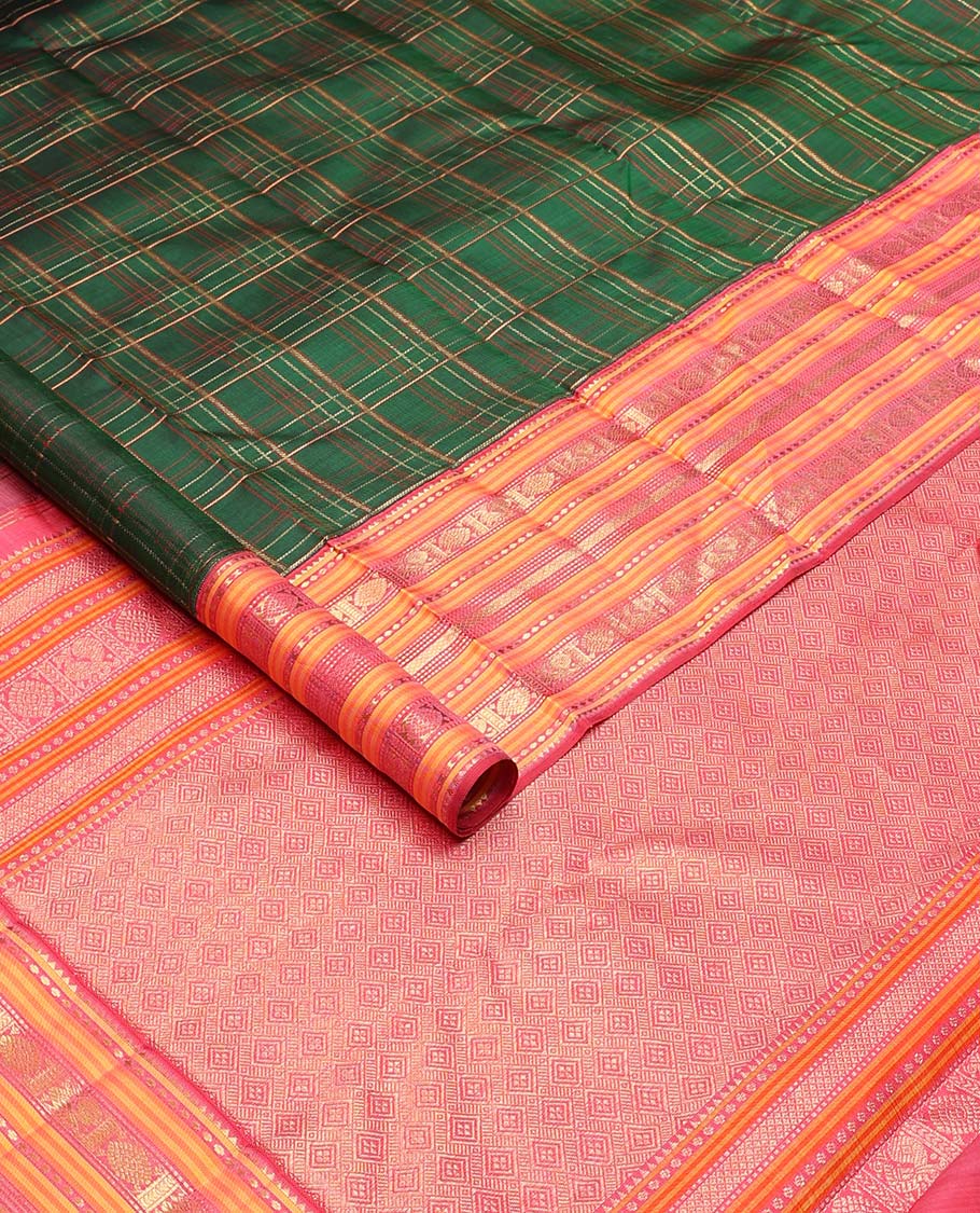 Green checked Samudrika silk saree, contrast border of rekku, plus buttas, muthu, mayil kann, and mayil chakram designs, and zari-rich jaal pallu - Image 2