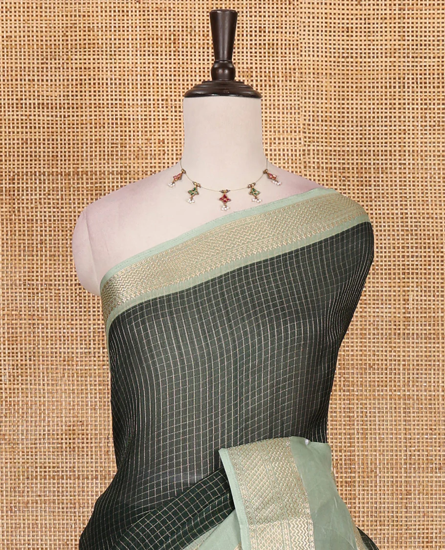 Green zari checked moss milan saree, contrast traditional zari rettai pettu border, striped pallu, and contrast blouse - Image 3