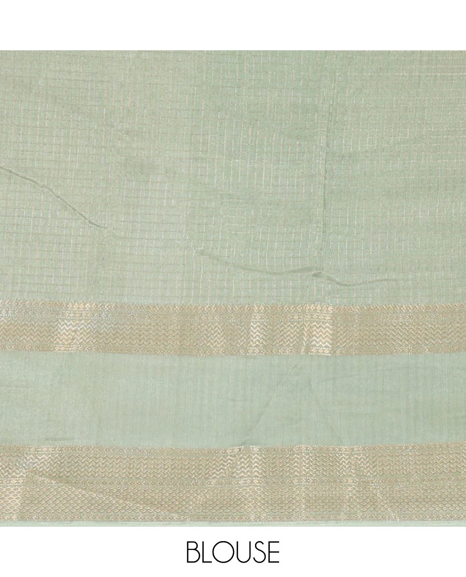 Green zari checked moss milan saree, contrast traditional zari rettai pettu border, striped pallu, and contrast blouse - Image 4