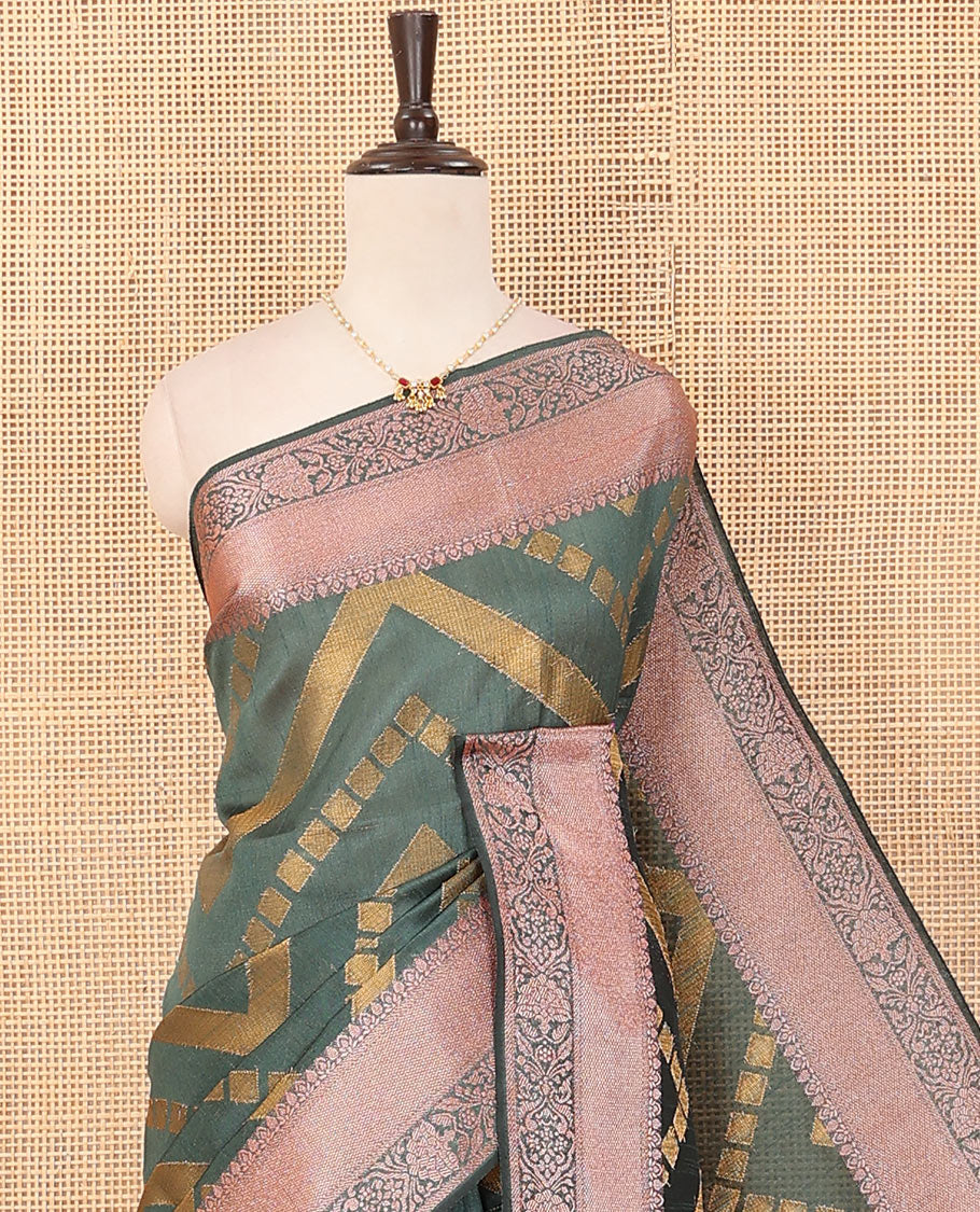 Green chevron striped dupion saree, intricate floral design border, and colorful thread striped pallu - Image 2