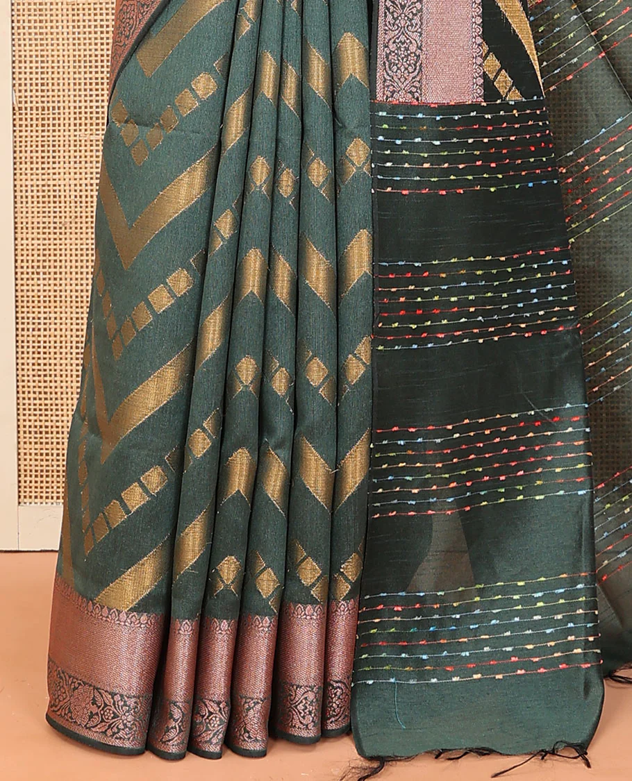 Green chevron striped dupion saree, intricate floral design border, and colorful thread striped pallu - Image 3