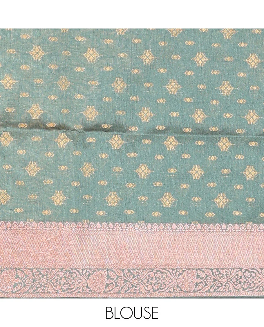 Green chevron striped dupion saree, intricate floral design border, and colorful thread striped pallu - Image 4