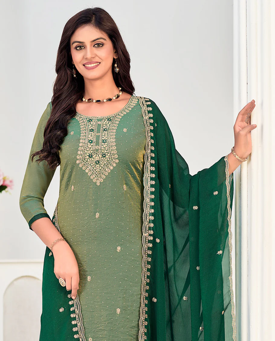 Green churidar material set, neck embroidered with stone work top, contrast plain bottom, and scallop embroidered dupatta - Image 2
