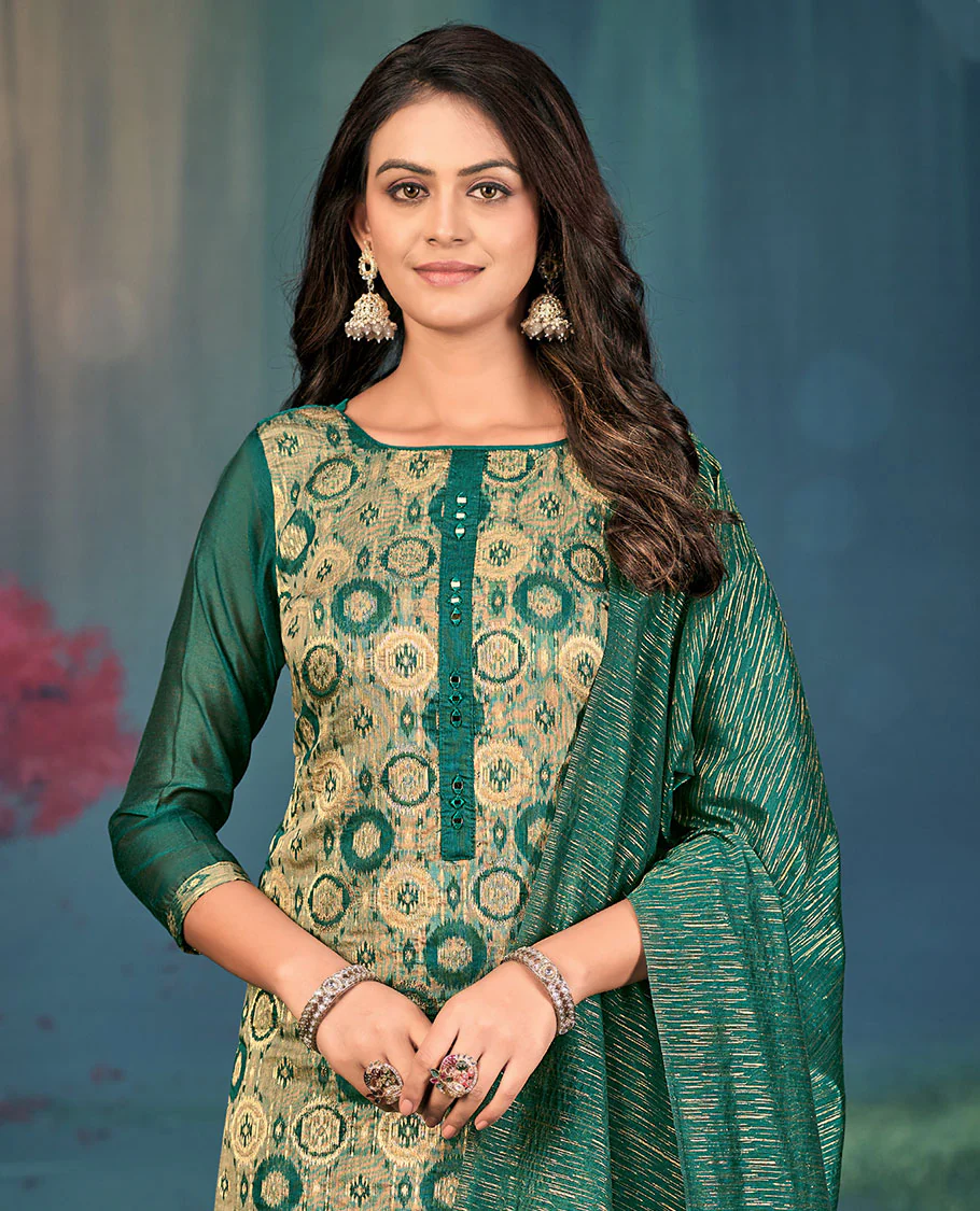 Green churidar material set, round motifs, and mirror embroidered top, plain bottom, and geometric patterned dupatta - Image 2