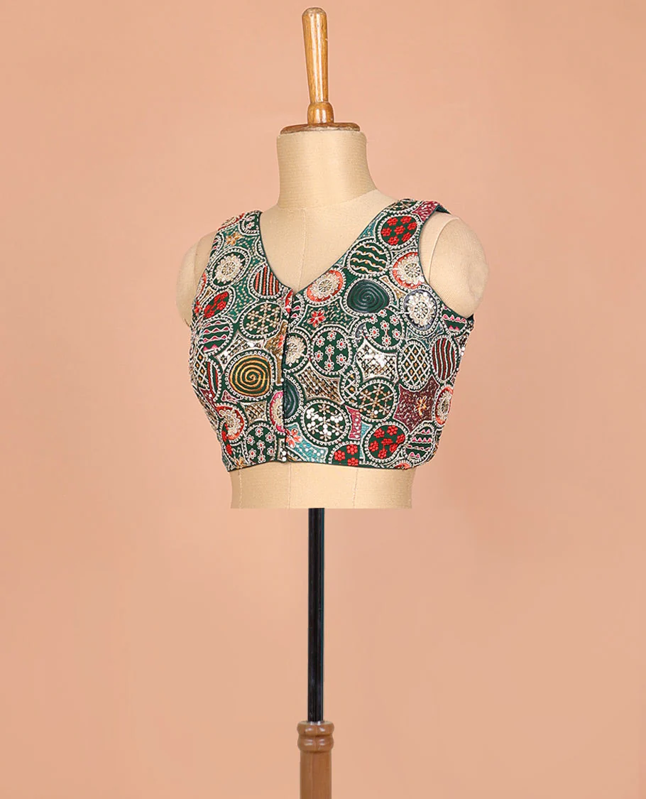 Green circle motifs intricately thread & sequins embroidered leaf-neck sleeveless readymade blouse