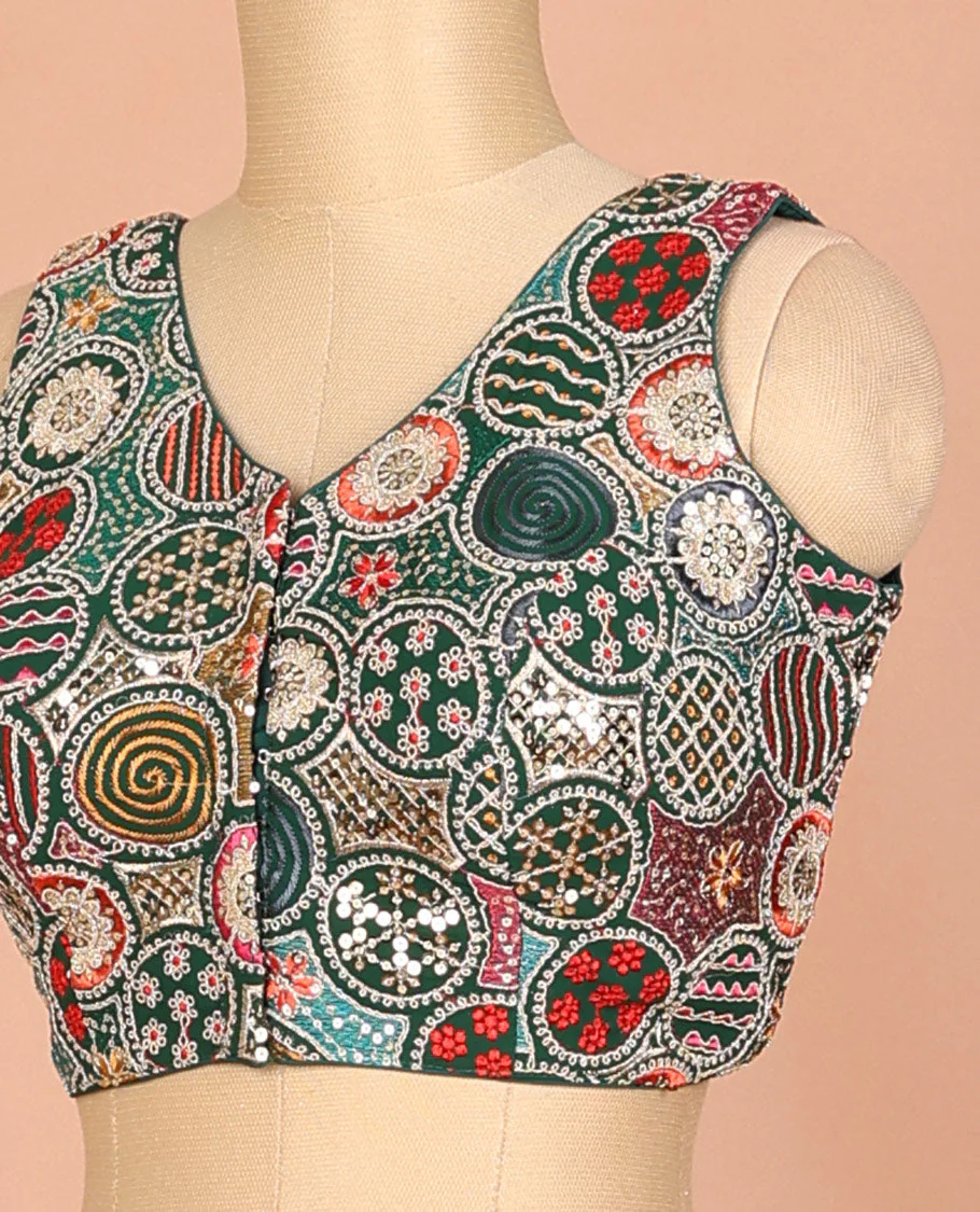Green circle motifs intricately thread & sequins embroidered leaf-neck sleeveless readymade blouse - Image 2