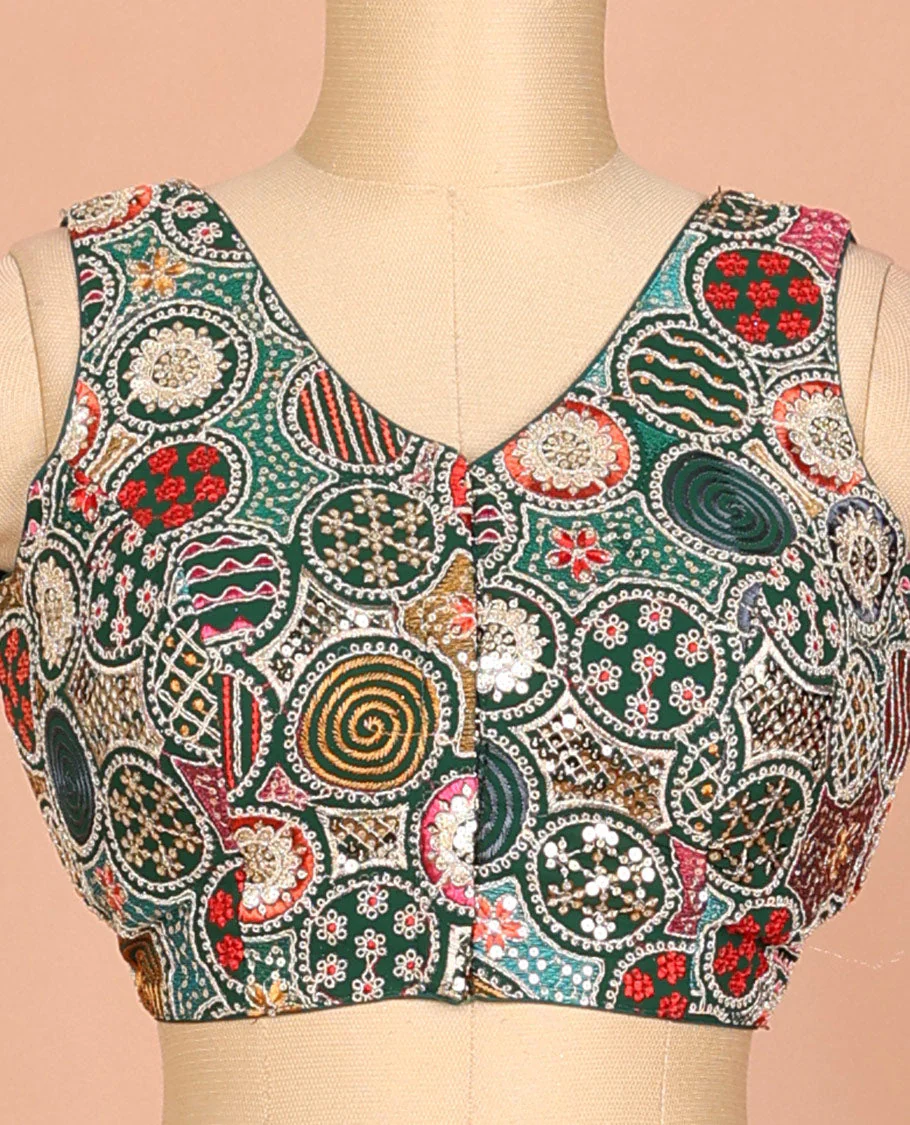 Green circle motifs intricately thread & sequins embroidered leaf-neck sleeveless readymade blouse - Image 3