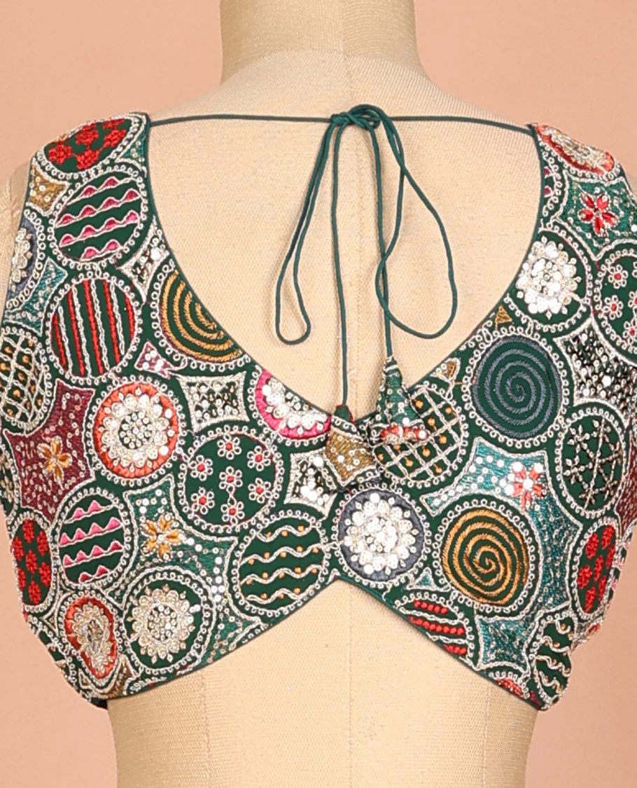 Green circle motifs intricately thread & sequins embroidered leaf-neck sleeveless readymade blouse - Image 4