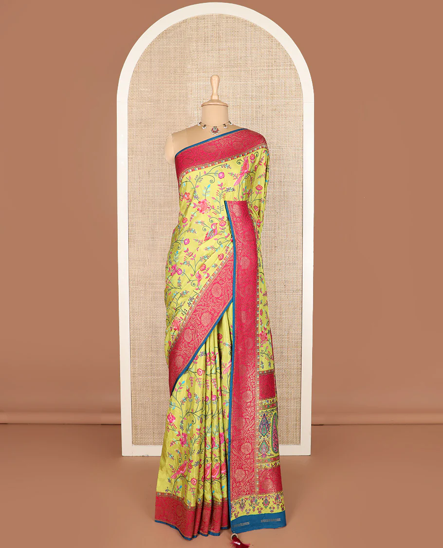 Green colorful floral vine and bird digital printed dola silk saree, contrast floral zari border, and meenakari paisleys pallu - Image 2