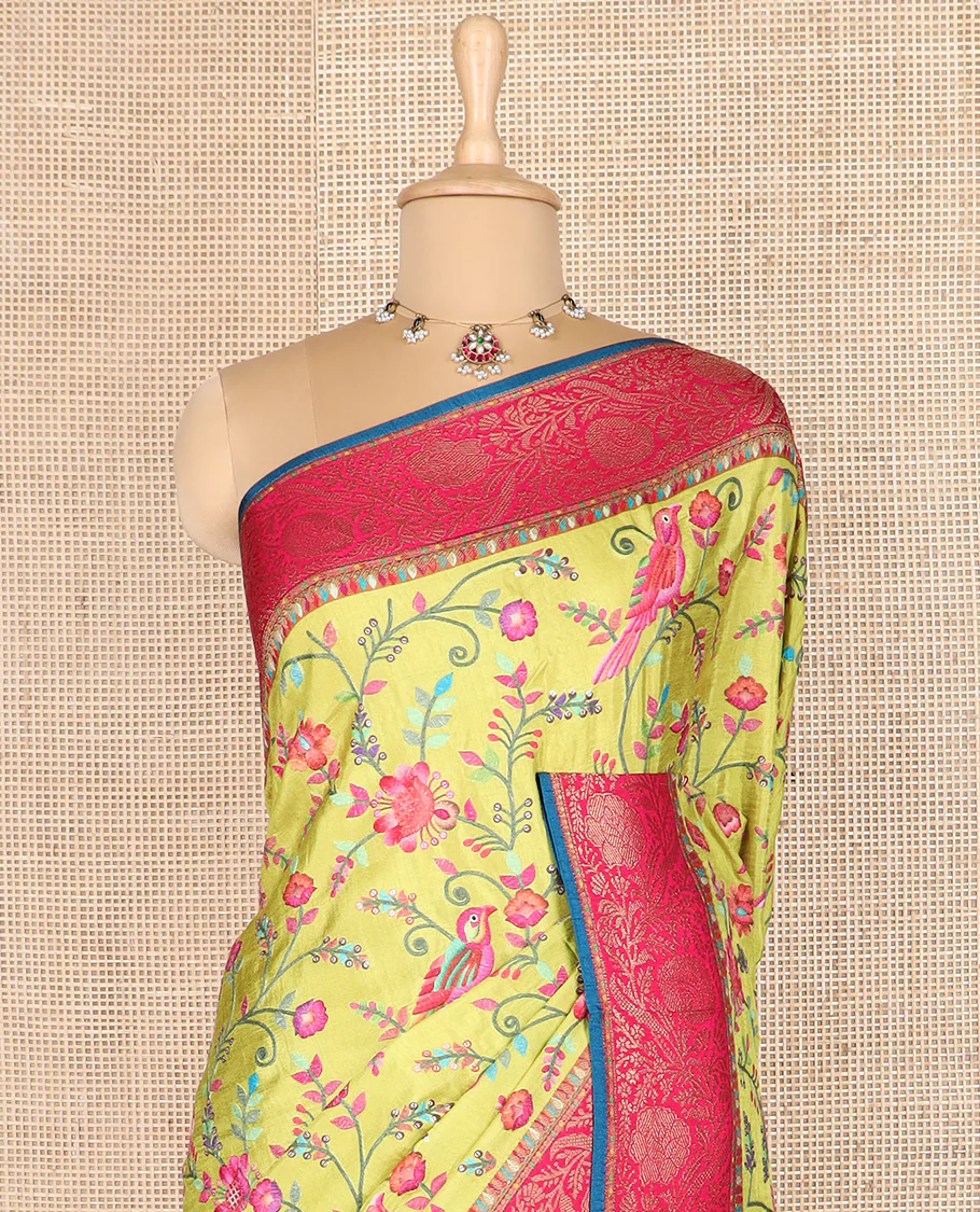 Green colorful floral vine and bird digital printed dola silk saree, contrast floral zari border, and meenakari paisleys pallu - Image 3