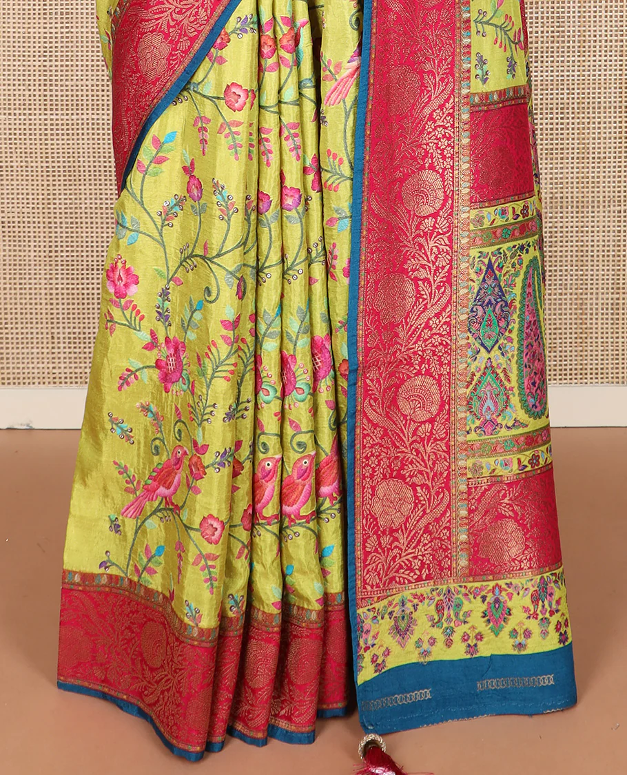Green colorful floral vine and bird digital printed dola silk saree, contrast floral zari border, and meenakari paisleys pallu - Image 4