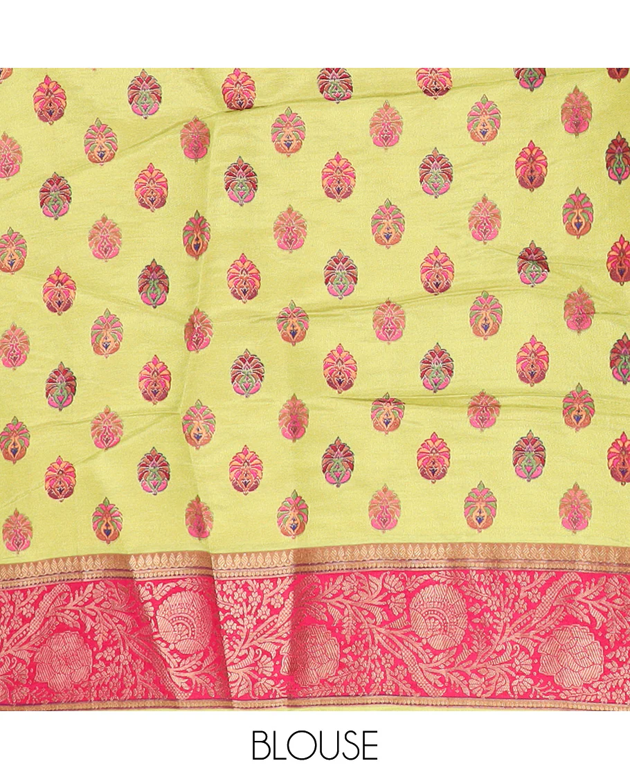 Green colorful floral vine and bird digital printed dola silk saree, contrast floral zari border, and meenakari paisleys pallu - Image 5