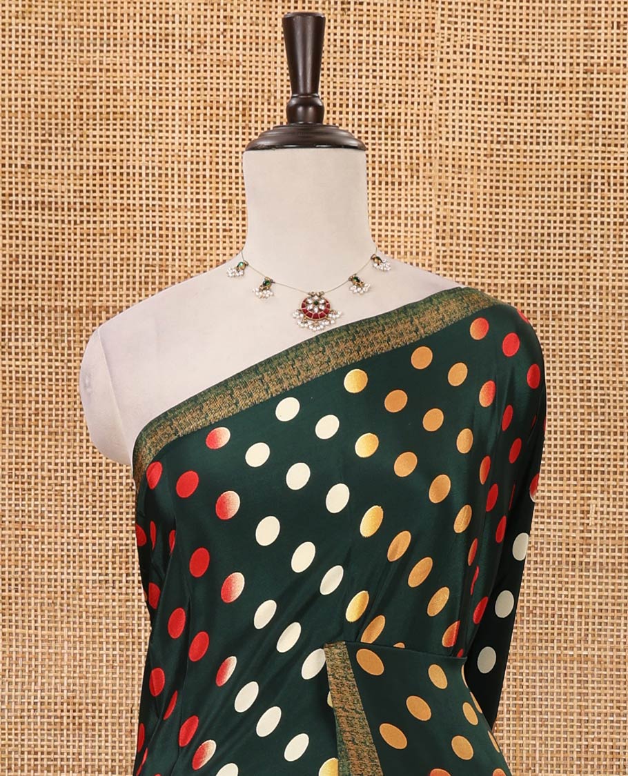 Green colorful polka dots printed satin crepe saree, contrast piping border, stripes printed pallu & contrast printed blouse - Image 3