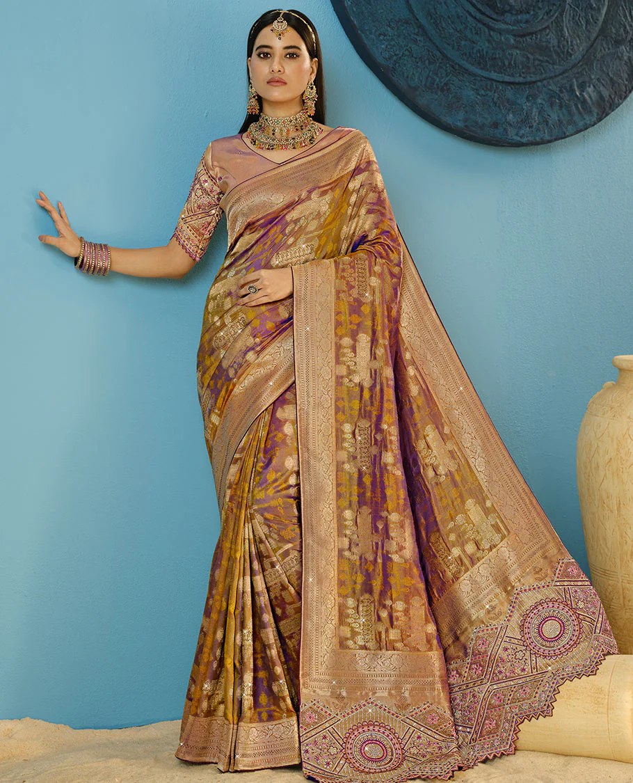 Green Designer Saree Beautified with Buttas and Stone Work, Traditional Motifs Woven Border, and Pallu Embroidered with Geometric Motifs, Along with a Contrast Embroidery Blouse