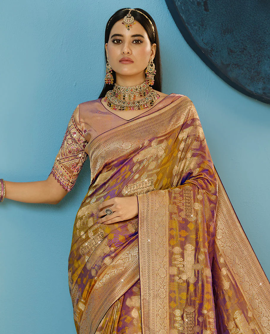 Green Designer Saree Beautified with Buttas and Stone Work, Traditional Motifs Woven Border, and Pallu Embroidered with Geometric Motifs, Along with a Contrast Embroidery Blouse - Image 2