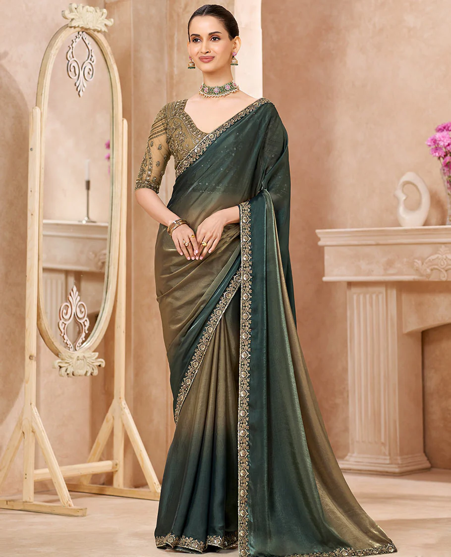 Green Designer Saree Featuring Ombre-Color Dyed All Over the Saree, Beautified with Embroidered Border, and Comes with a Contrast Intricately Embroidered Blouse