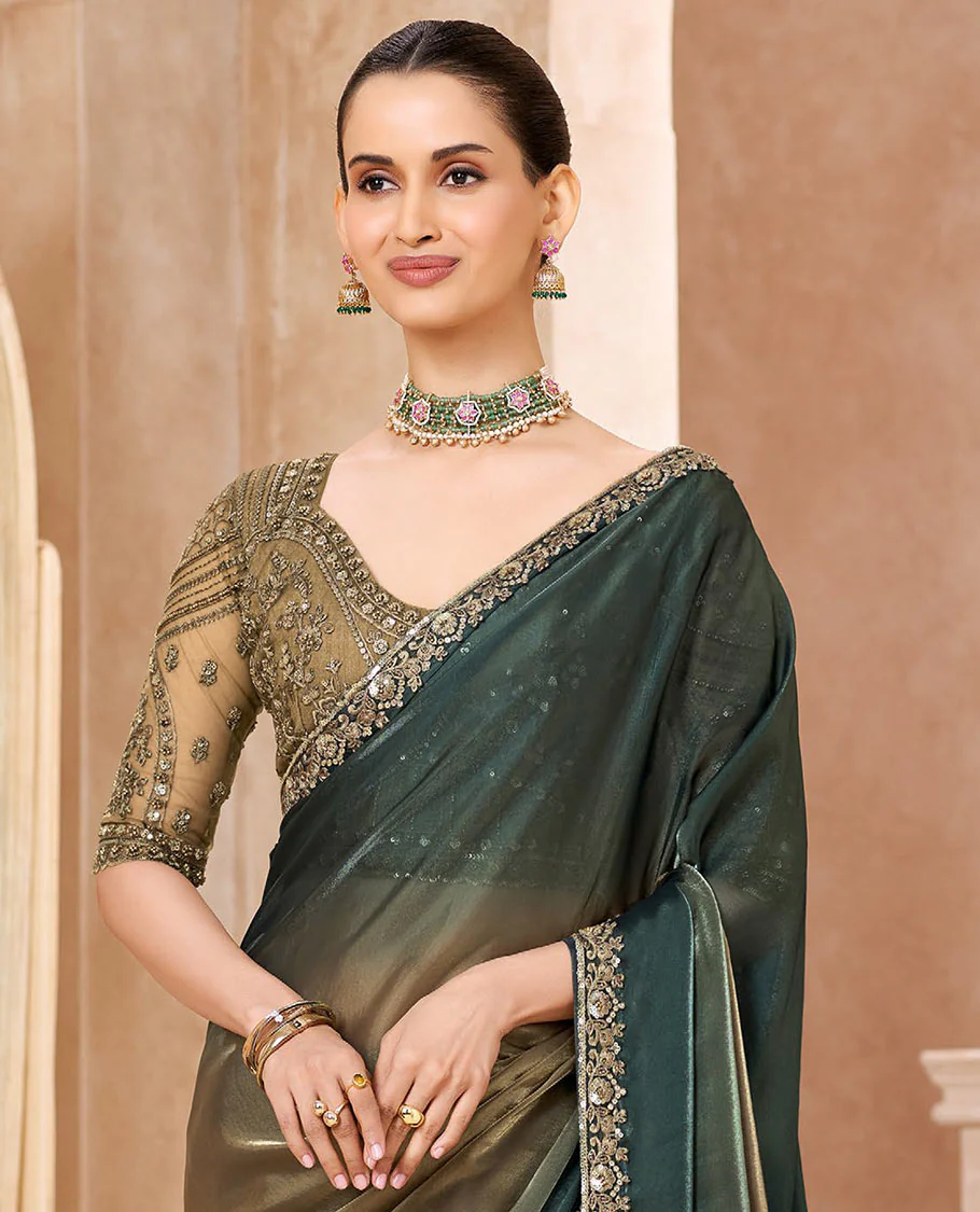 Green Designer Saree Featuring Ombre-Color Dyed All Over the Saree, Beautified with Embroidered Border, and Comes with a Contrast Intricately Embroidered Blouse - Image 2