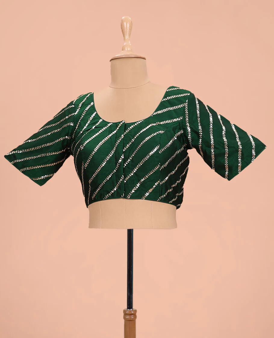 Green diagonal leaf vine sequins embroidered round neck with elbow sleeve blouse