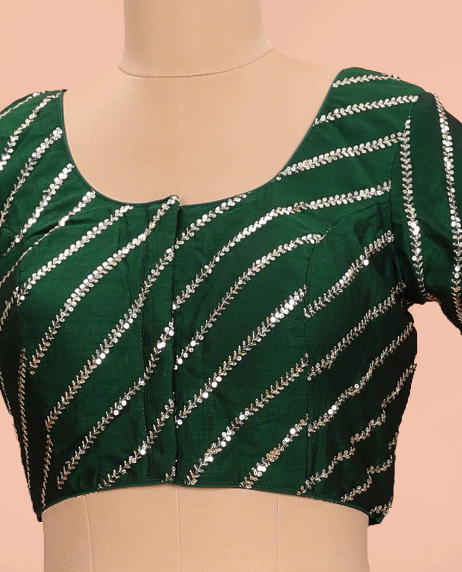 Green diagonal leaf vine sequins embroidered round neck with elbow sleeve blouse - Image 2