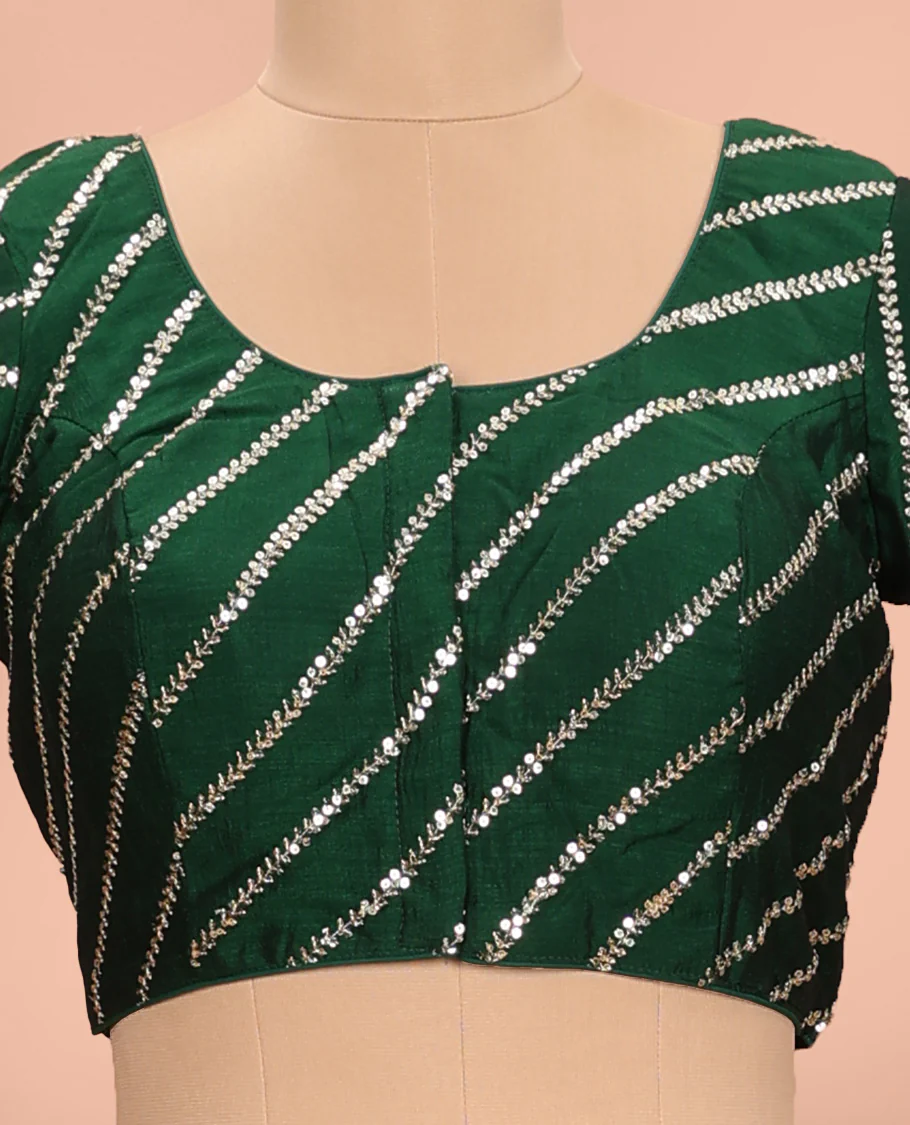 Green diagonal leaf vine sequins embroidered round neck with elbow sleeve blouse - Image 3