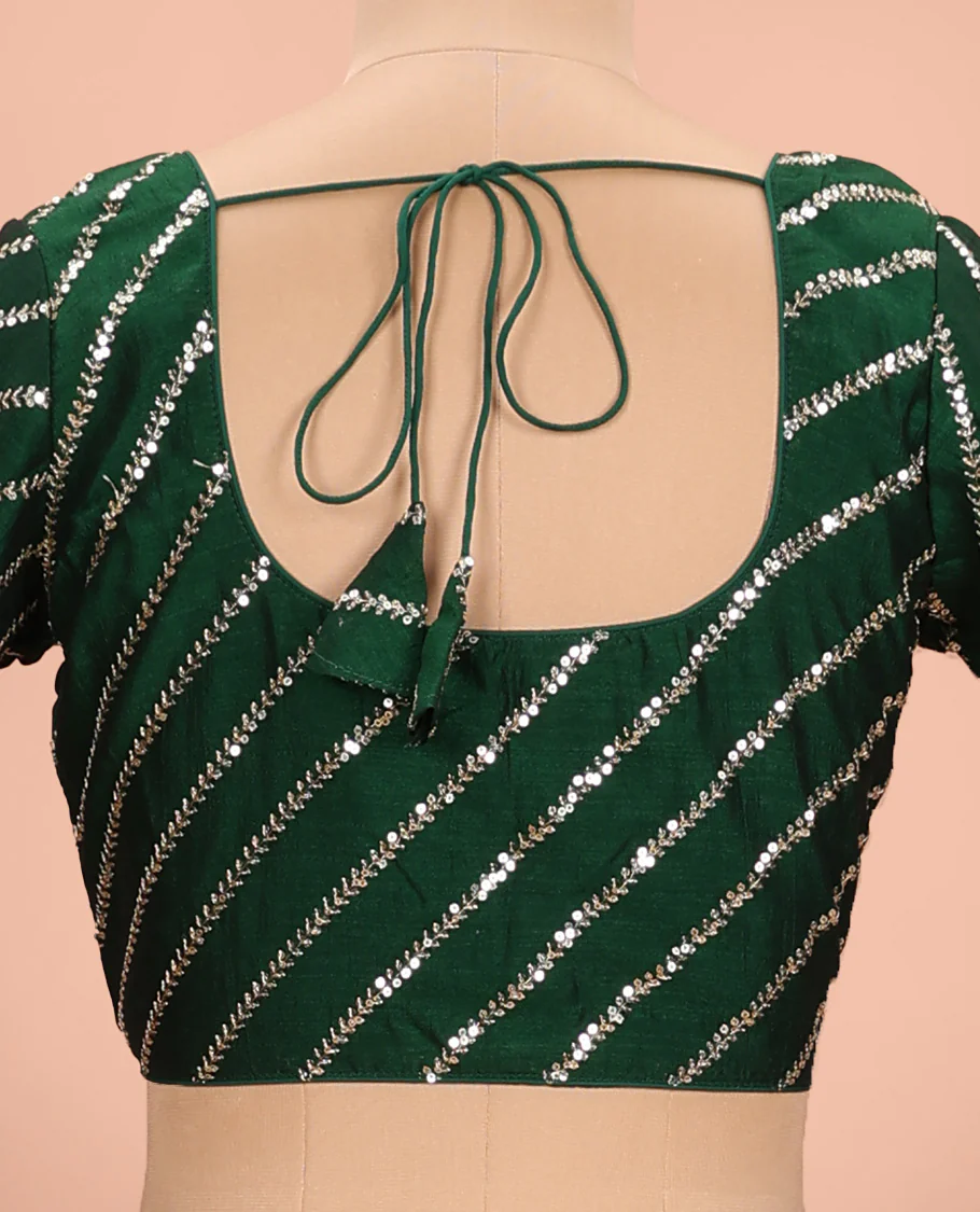 Green diagonal leaf vine sequins embroidered round neck with elbow sleeve blouse - Image 4