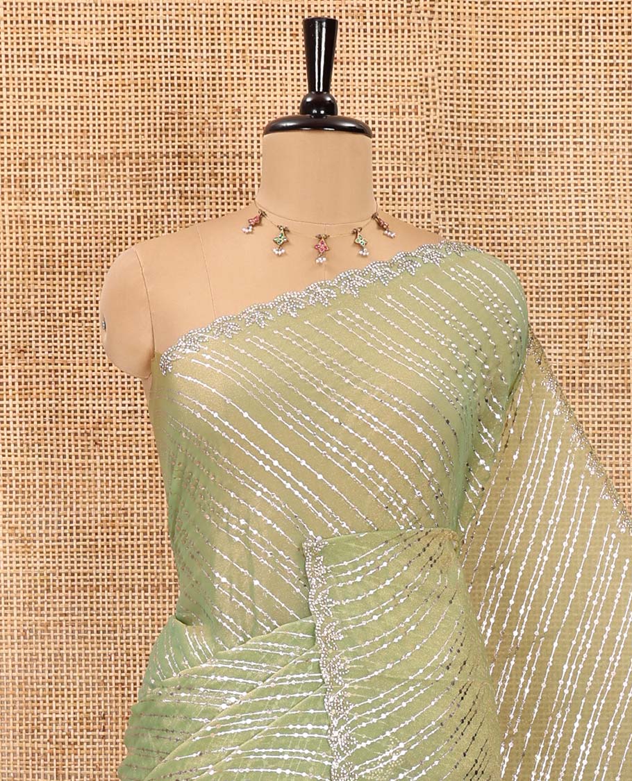 Green diagonal striped foli printed shimmer chiffon saree, scallop jarkan stone work border, self-pallu, and plain blouse - Image 2