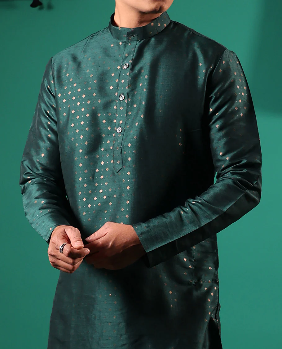 Green diamond motifs golden foil printed with full-sleeved men's kurta - Image 4
