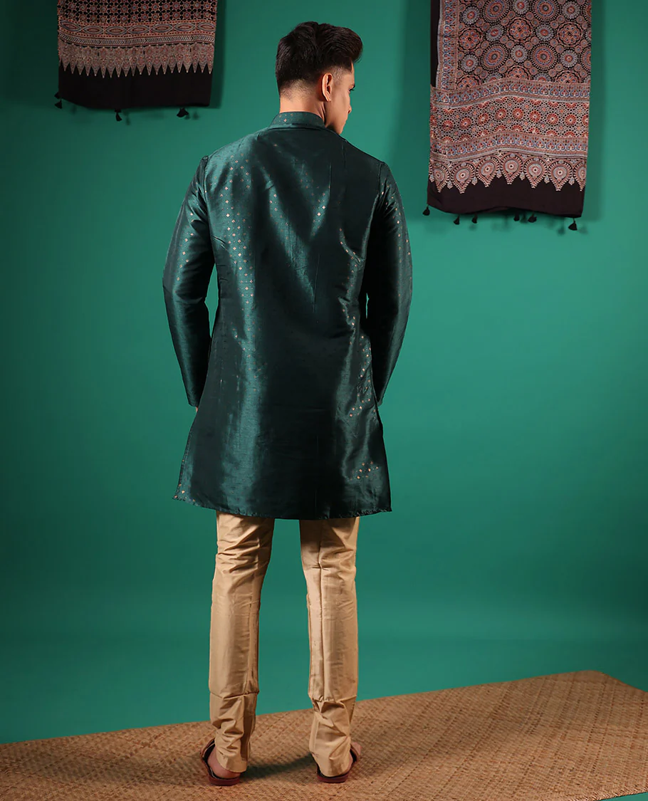 Green diamond motifs golden foil printed with full-sleeved men's kurta - Image 5