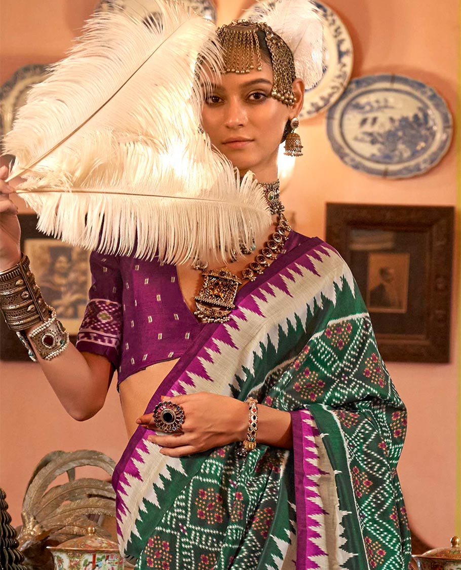 Green diamond patterned patola designer catalog saree, contrast temple border, and patola design pallu - Image 2