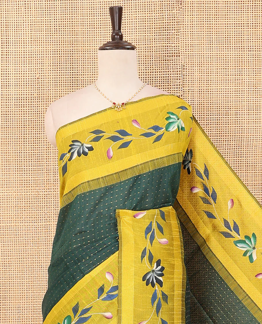 Green dobby buttas dupion saree, contrast hand-brushing-style floral creeper border, and plain pallu - Image 2