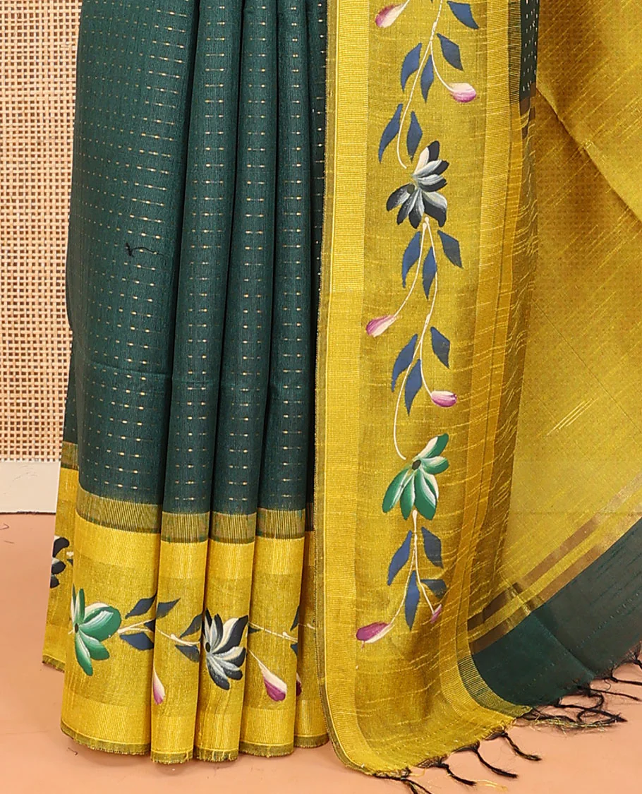Green dobby buttas dupion saree, contrast hand-brushing-style floral creeper border, and plain pallu - Image 3