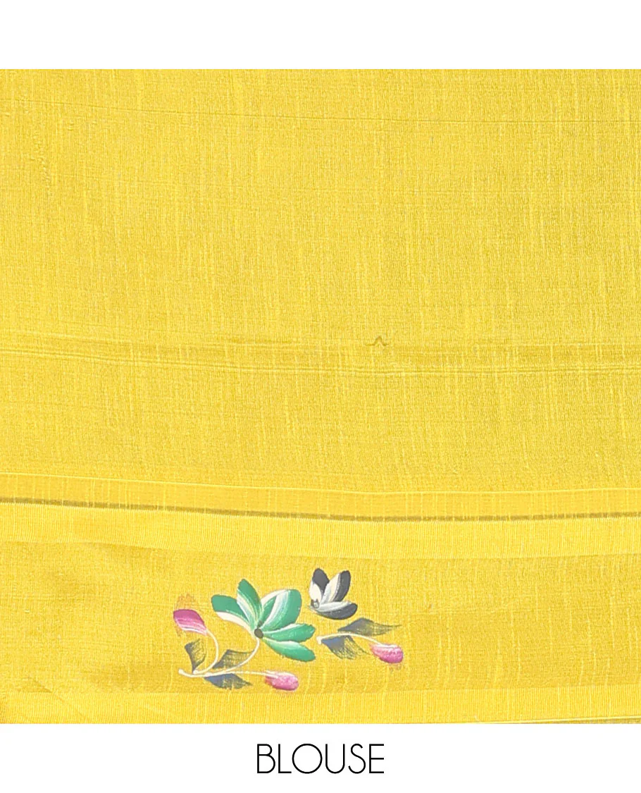 Green dobby buttas dupion saree, contrast hand-brushing-style floral creeper border, and plain pallu - Image 4