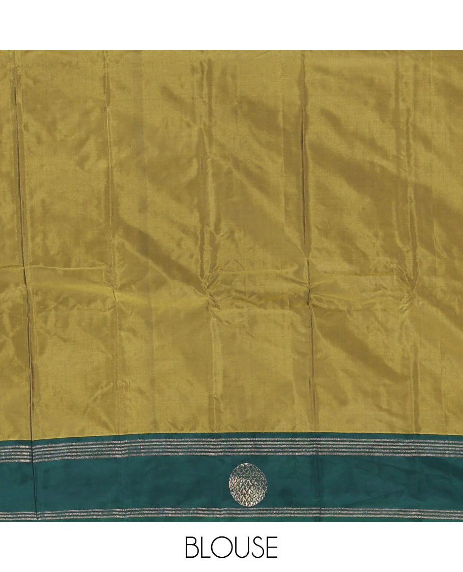 Green dobby style buttas semi-soft silk saree, contrast round buttas and striped border, striped pallu, and a plain blouse - Image 4