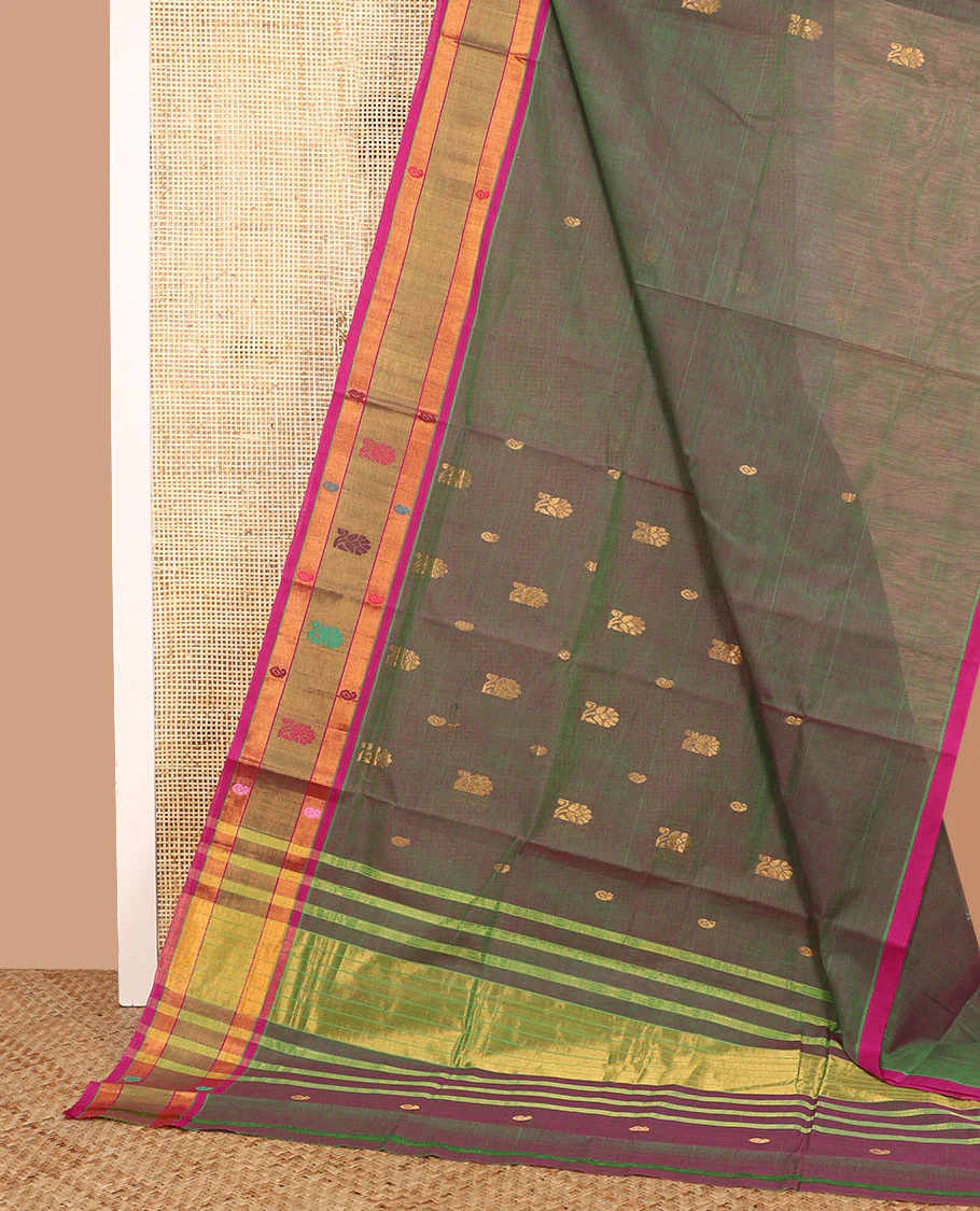 Green dual-toned zari buttas Venkatagiri cotton saree with contrast thread work border, and pallu of zari stripes - Image 2