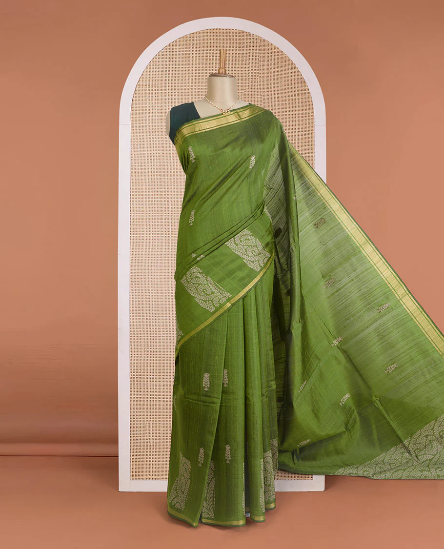 Green dupion silk saree with floral buttas, thin zari piping border, and floral vine pallu - Image 2