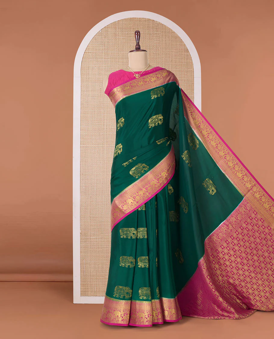 Green elephant motifs zari woven Mysore silk saree, contrast traditional zari border, and pallu of buttas and thick zari checks - Image 2