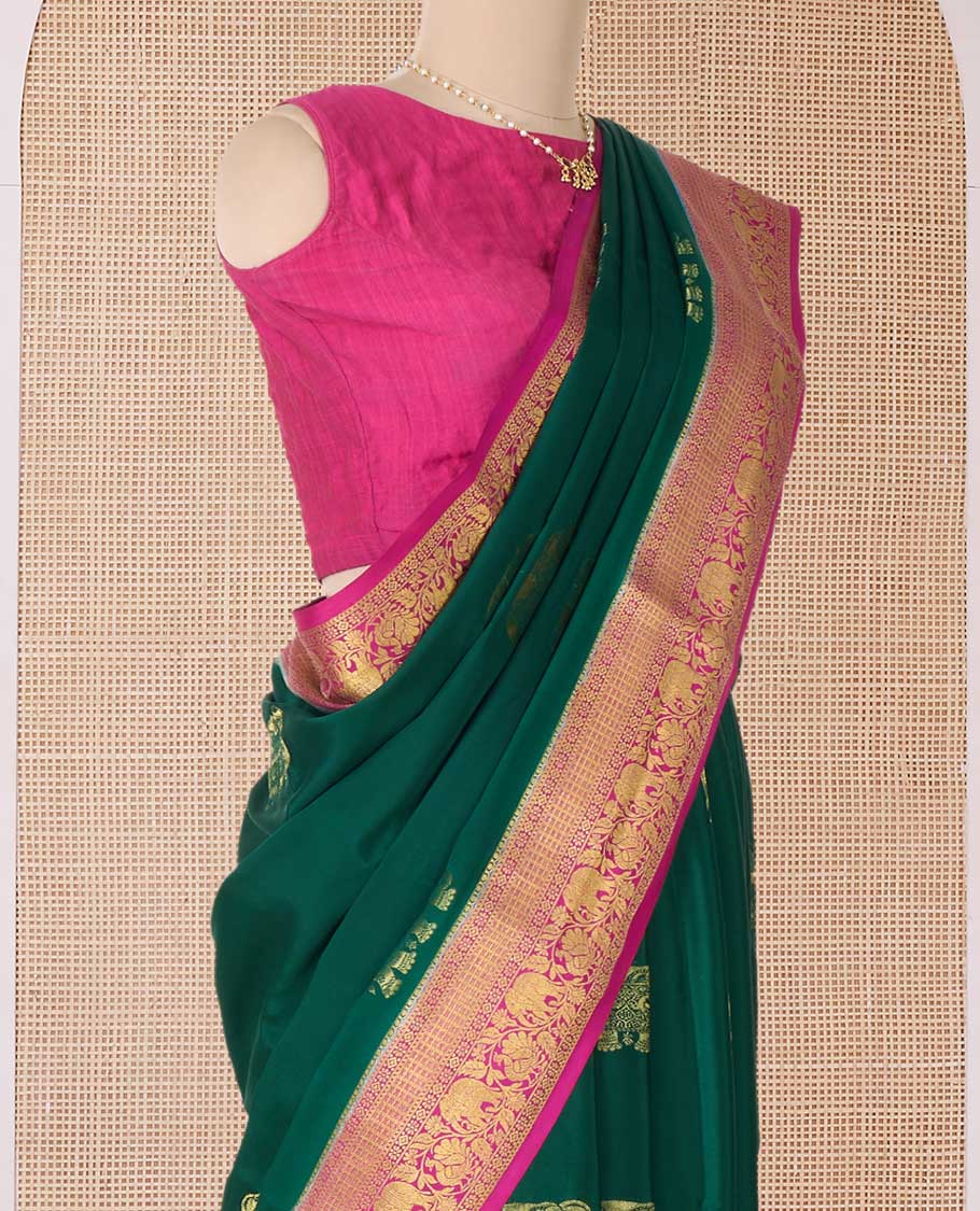 Green elephant motifs zari woven Mysore silk saree, contrast traditional zari border, and pallu of buttas and thick zari checks - Image 3