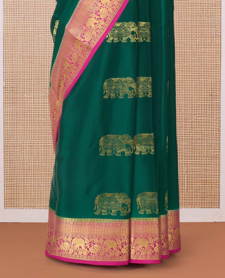 Green elephant motifs zari woven Mysore silk saree, contrast traditional zari border, and pallu of buttas and thick zari checks - Image 4