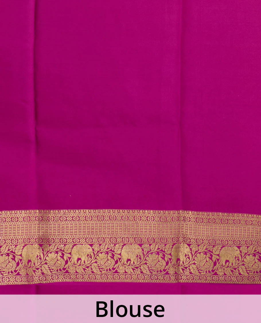 Green elephant motifs zari woven Mysore silk saree, contrast traditional zari border, and pallu of buttas and thick zari checks - Image 5