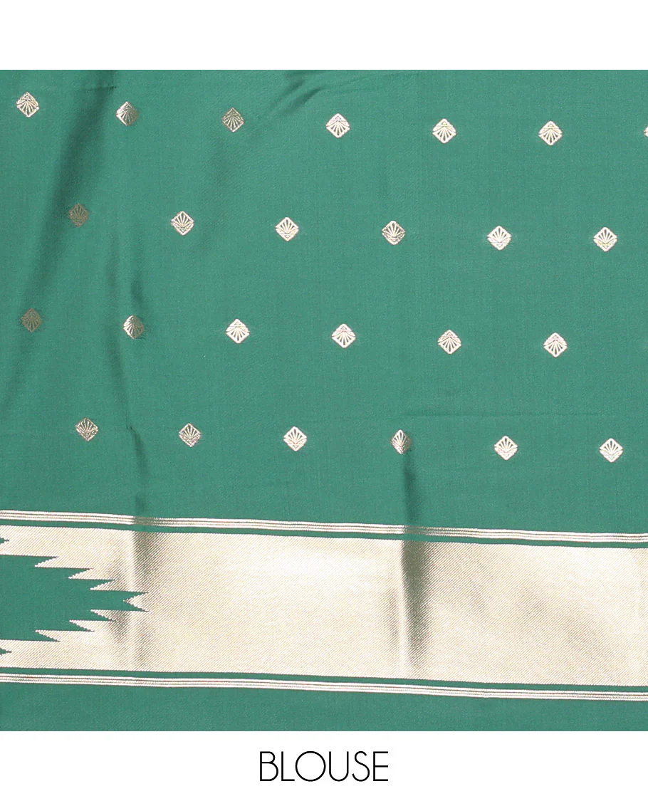 Green Elite Soft Silk Saree Gleamed Up with Vaira Oosi Stripes, Featuring a Temple Zari Border, Zari Elevated Pallu, and a Matching Zari Design Blouse - Image 3