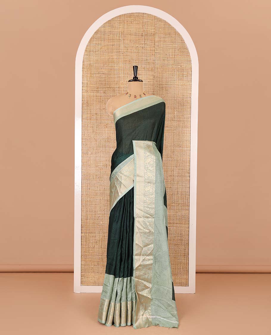 Green embossed moss chiffon saree, contrast embossed with traditional zari border, jaal pallu, and a contrast blouse - Image 2