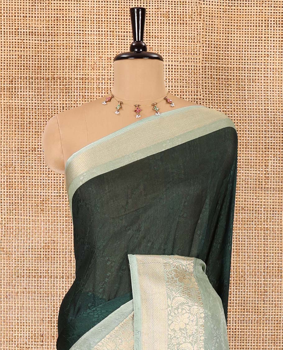 Green embossed moss chiffon saree, contrast embossed with traditional zari border, jaal pallu, and a contrast blouse - Image 3