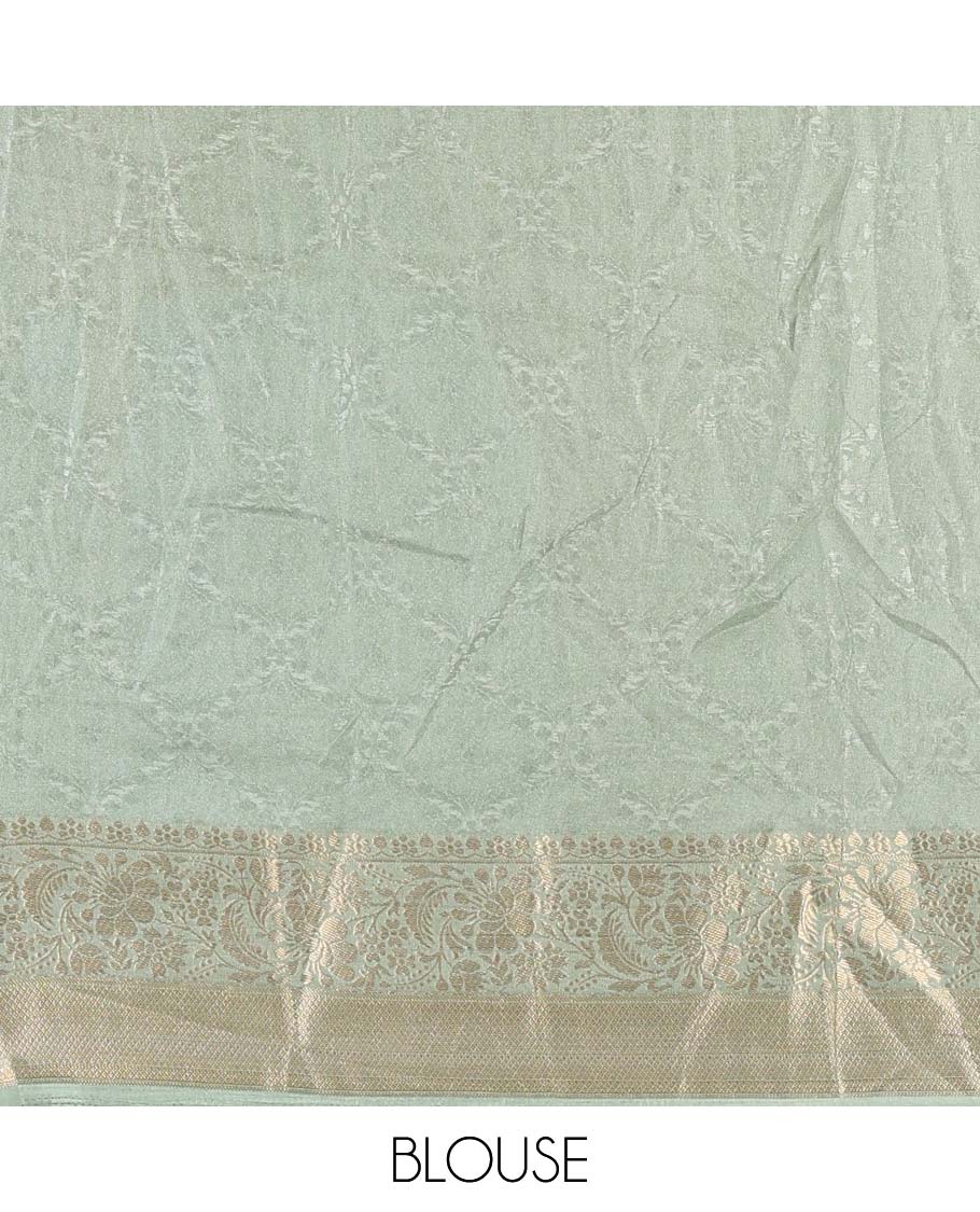 Green embossed moss chiffon saree, contrast embossed with traditional zari border, jaal pallu, and a contrast blouse - Image 4