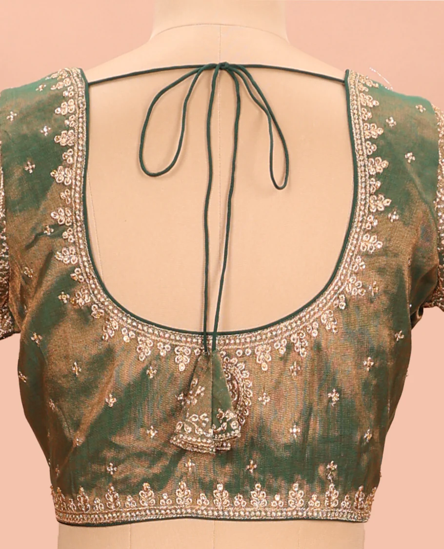 Green embroidered round neck with elbow sleeve shimmer blouse - Image 2