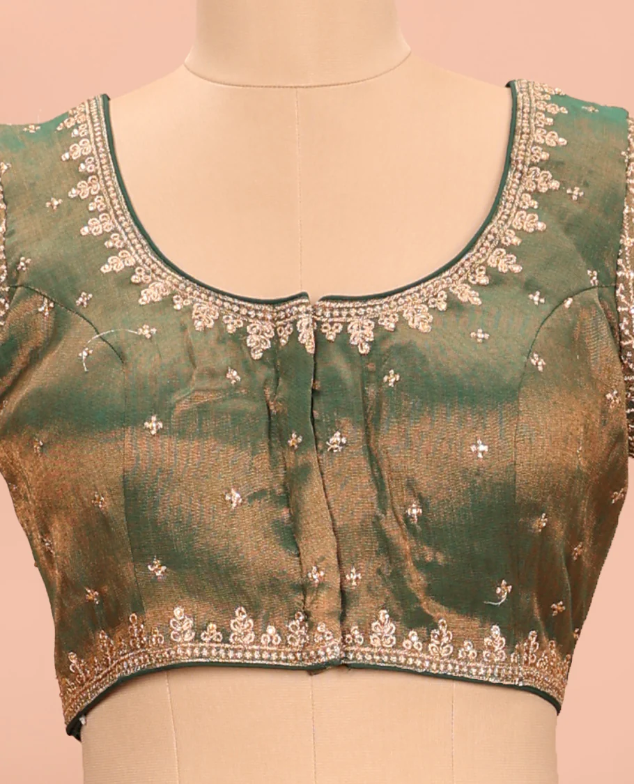 Green embroidered round neck with elbow sleeve shimmer blouse - Image 3