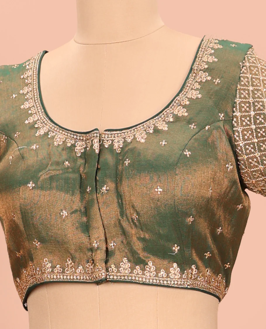Green embroidered round neck with elbow sleeve shimmer blouse - Image 4