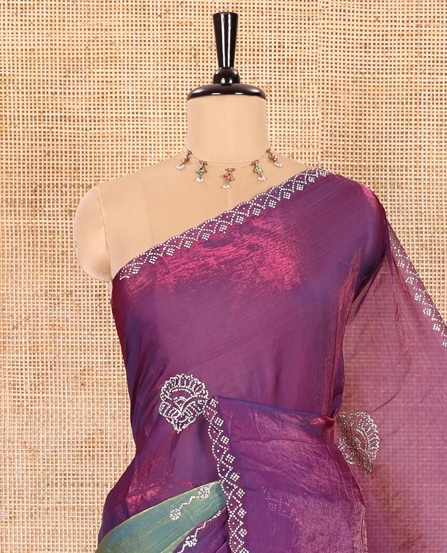 Green Fendy Chiffon Saree Featuring Elegant Stripes and Buttas Adorned with Sparkling Swarovski Stone Work, Enhanced with a Scalloped Swarovski Stone Work Border, and Paired with a Matching Blouse Embellished with Swarovski Stone Work - Image 2